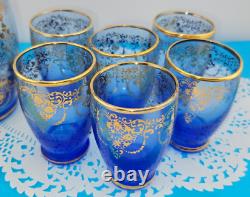 MCM Vintage Blue Murano Venetian Glass 24k Gold Trim Decanter &6 Glasses Set