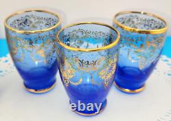MCM Vintage Blue Murano Venetian Glass 24k Gold Trim Decanter &6 Glasses Set