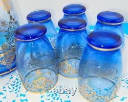 MCM Vintage Blue Murano Venetian Glass 24k Gold Trim Decanter &6 Glasses Set