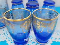 MCM Vintage Blue Murano Venetian Glass 24k Gold Trim Decanter &6 Glasses Set