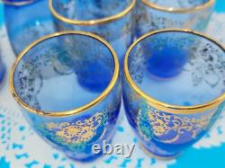 MCM Vintage Blue Murano Venetian Glass 24k Gold Trim Decanter &6 Glasses Set
