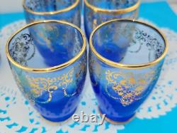MCM Vintage Blue Murano Venetian Glass 24k Gold Trim Decanter &6 Glasses Set