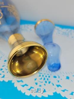 MCM Vintage Blue Murano Venetian Glass 24k Gold Trim Decanter &6 Glasses Set
