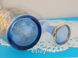 MCM Vintage Blue Murano Venetian Glass 24k Gold Trim Decanter &6 Glasses Set