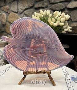 MCM vintage Pink Murano Glass Pulled Feather Leaf Dish Center bowl Opalescent