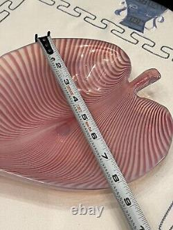 MCM vintage Pink Murano Glass Pulled Feather Leaf Dish Center bowl Opalescent