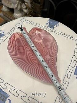 MCM vintage Pink Murano Glass Pulled Feather Leaf Dish Center bowl Opalescent