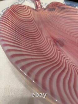 MCM vintage Pink Murano Glass Pulled Feather Leaf Dish Center bowl Opalescent