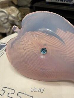 MCM vintage Pink Murano Glass Pulled Feather Leaf Dish Center bowl Opalescent