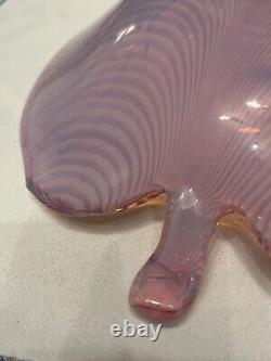 MCM vintage Pink Murano Glass Pulled Feather Leaf Dish Center bowl Opalescent