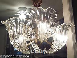 MURANO Chandelier Cornucopia Italian Crystal Clear Calla Lily Brass Vintage