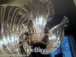 MURANO Chandelier Cornucopia Italian Crystal Clear Calla Lily Brass Vintage