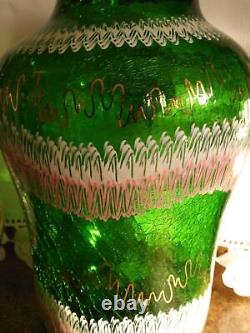 MURANO Vintage ART GLASS VASE with Crackle Glass & Hand Painted Enamel Design