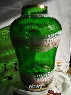 MURANO Vintage ART GLASS VASE with Crackle Glass & Hand Painted Enamel Design