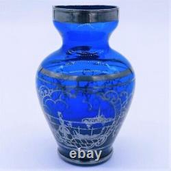 MURANO Vintage Sterling silver paint Cobalt blue Art glass Vase Venetian glass