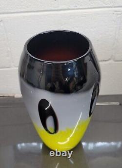 Mid Century Modern Vintage Murano Hand Blown Glass Vase Black & Yellow 1970s