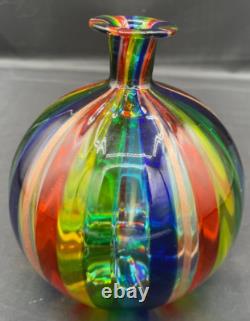 Murano Art Glass Vase Italian Small Hand-Blown Rainbow Striped Vase Estate Vtg