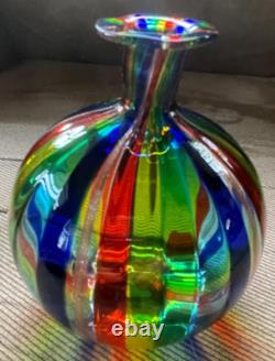 Murano Art Glass Vase Italian Small Hand-Blown Rainbow Striped Vase Estate Vtg