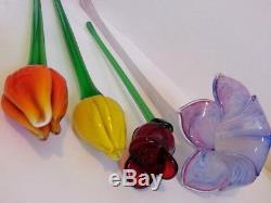 Murano Glass Flowers Hand Blown Long Stem Art Variety Lot Of 4 Colorful Vintage