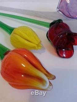 Murano Glass Flowers Hand Blown Long Stem Art Variety Lot Of 4 Colorful Vintage
