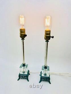 Murano Glass Hollywood Regency Table Lamps Clear Cube Column Mid Century Vintage