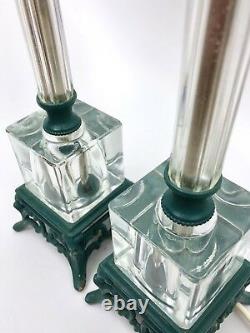 Murano Glass Hollywood Regency Table Lamps Clear Cube Column Mid Century Vintage