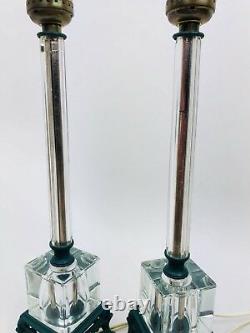 Murano Glass Hollywood Regency Table Lamps Clear Cube Column Mid Century Vintage