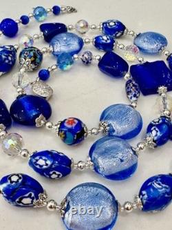 Murano Glass Necklace Featuring Vintage Cobalt, Periwinkle & Clear Foil Glass