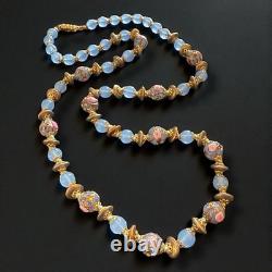 Murano Glass Necklace Wedding Cake Beads Blue Opaline Gold Tone Vintage 28 Murano Glass Necklace Wedding Cake Beads Blue Opaline Gold Tone Vintage 28