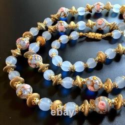 Murano Glass Necklace Wedding Cake Beads Blue Opaline Gold Tone Vintage 28 Murano Glass Necklace Wedding Cake Beads Blue Opaline Gold Tone Vintage 28