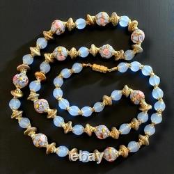 Murano Glass Necklace Wedding Cake Beads Blue Opaline Gold Tone Vintage 28 Murano Glass Necklace Wedding Cake Beads Blue Opaline Gold Tone Vintage 28