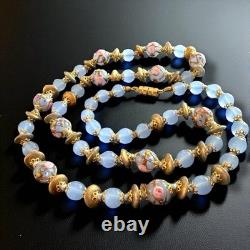 Murano Glass Necklace Wedding Cake Beads Blue Opaline Gold Tone Vintage 28 Murano Glass Necklace Wedding Cake Beads Blue Opaline Gold Tone Vintage 28