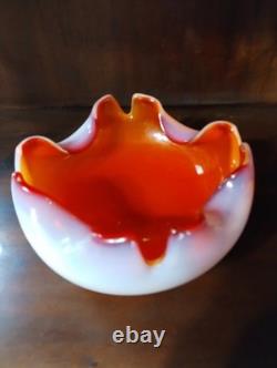 Murano Glass Opalescent Pink Red Tri Color Candy Dish. Vintage 1950's Italian