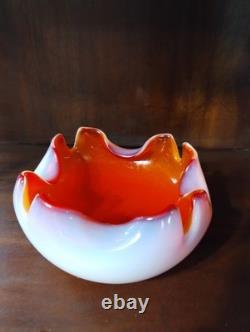 Murano Glass Opalescent Pink Red Tri Color Candy Dish. Vintage 1950's Italian
