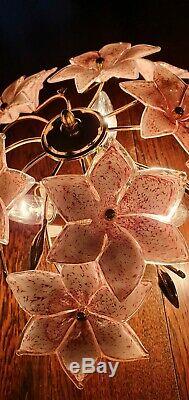 Murano Glass Pink Tulip Ceiling Light, Handblown Chandelier, Mcm, 1970s, Vintage