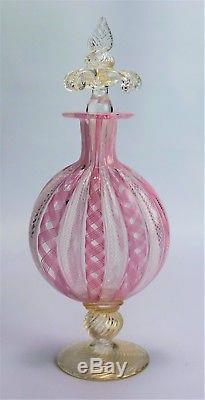 Murano Glass Pink and White Zanfirico Latticino Bottle Vintage Venetian