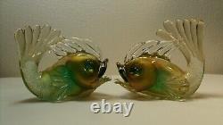 Murano Glass Vintage Archimede Seguso Gold/Green Fish Pair 9 Labeled