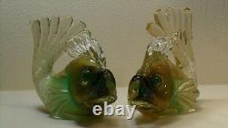 Murano Glass Vintage Archimede Seguso Gold/Green Fish Pair 9 Labeled