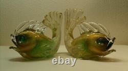 Murano Glass Vintage Archimede Seguso Gold/Green Fish Pair 9 Labeled