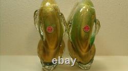 Murano Glass Vintage Archimede Seguso Gold/Green Fish Pair 9 Labeled