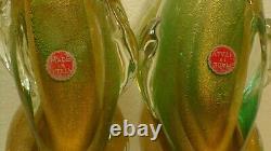 Murano Glass Vintage Archimede Seguso Gold/Green Fish Pair 9 Labeled