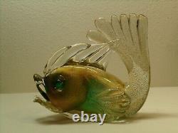 Murano Glass Vintage Archimede Seguso Gold/Green Fish Pair 9 Labeled