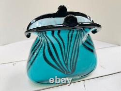 Murano Hand Blown Glass Purse Bag Teal Vase Planter Pot Vintage Turquoise Stripe
