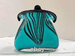 Murano Hand Blown Glass Purse Bag Teal Vase Planter Pot Vintage Turquoise Stripe