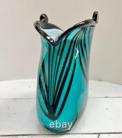 Murano Hand Blown Glass Purse Bag Teal Vase Planter Pot Vintage Turquoise Stripe