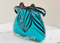 Murano Hand Blown Glass Purse Bag Teal Vase Planter Pot Vintage Turquoise Stripe