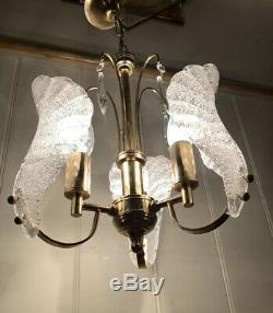 Murano Ice-Glass Chandelier, Midcentury Vintage Italian Light, MCM, Gold Plated