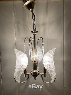 Murano Ice-Glass Chandelier, Midcentury Vintage Italian Light, MCM, Gold Plated