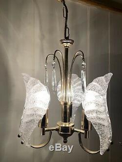 Murano Ice-Glass Chandelier, Midcentury Vintage Italian Light, MCM, Gold Plated