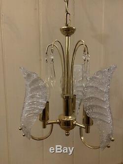 Murano Ice-Glass Chandelier, Midcentury Vintage Italian Light, MCM, Gold Plated